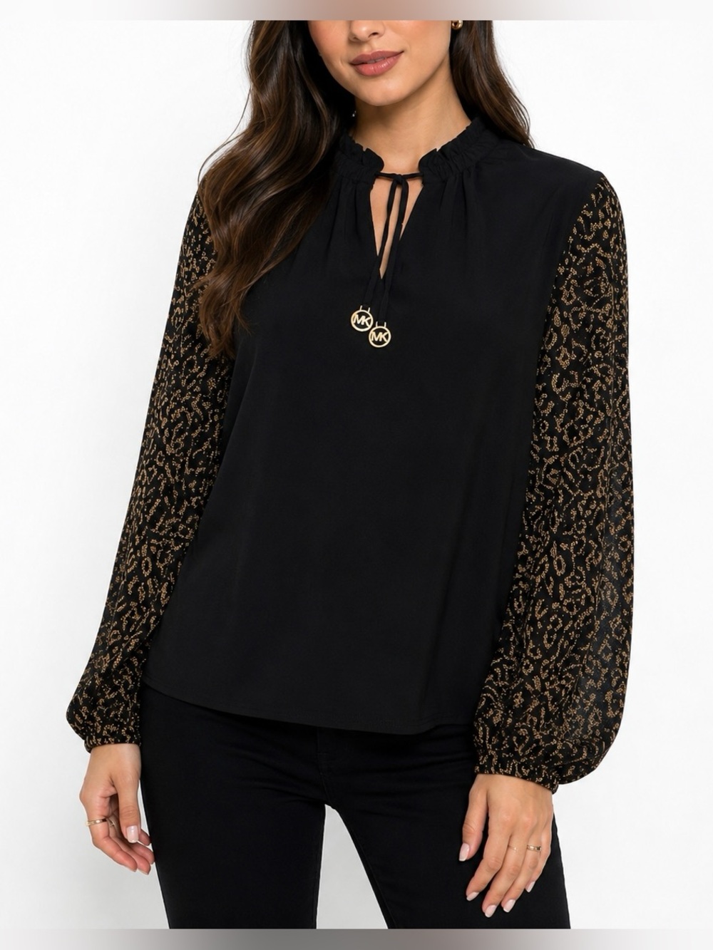 Michael Kors Black Top with Gold Leopard-Print Sleeves Size M
